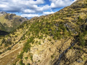 Glen Nevis Valley and River Navis from a drone, Fort William, Lochaber, Highland, Scotland, United