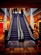 Crowds move efficiently on a modern escalator in a vibrant shopping mall during the evening, with