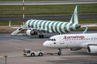 Düsseldorf Airport, Condor Airbus A321-200, aircraft on the apron, Eurowings Airbus being towed,