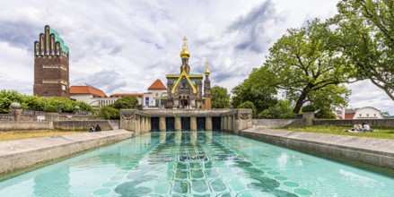 Wedding Tower, Lily Basin and Russian Chapel, Mathildenhöhe Darmstadt, artists' colony, Darmstadt,