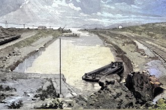 The Corinth Canal, Greece, the mouth in the west to the Gulf of Corinth, Illustration from 1894,