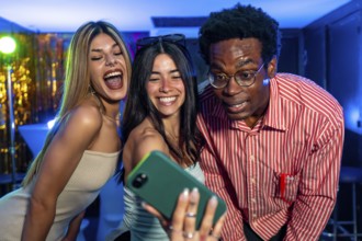 Cheerful multi ethnic friends gathering together, capturing a fun selfie at a vibrant party,