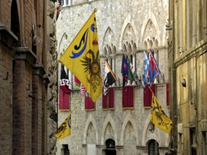 Il Palio di Siena, historic horse race, flags of the Contrade, Palazzo Chigi Saracini, historic