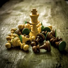 Chess pieces are strewn across a rustic wooden table, with a prominent king piece standing tall