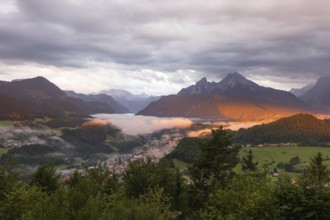 Marxenhöhe near Berchtesgaden with Watzmann view in the morning mist after the rain