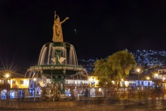 King of the Incas Pachacutec over fountain in Plaza de Armas, Cusco, Peru
