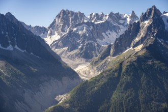 Mountain peak Grandes Jorasses and glacier Mer de Glace of the Mont Blanc massif,