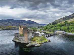 Eilean Donan Castle and Loch Duich from a drone, Isle of Skye, Highlands, Scotland, England, United