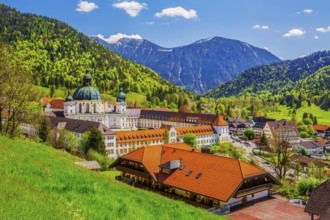 Ettal Monastery in spring, municipality of Ettal, Ammergau Alps, Upper Bavaria, Bavaria, Germany