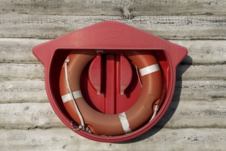 Lifebuoy on a wooden hut, Baltic Sea, Mecklenburg-Western Pomerania, Germany