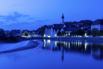 Barrage on the Lech, Landsberg, in the blue hour, Upper Bavaria, Bavaria