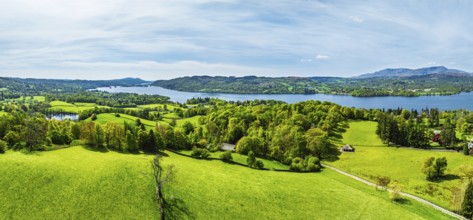 Panorama of Farms and Fields from a drone, Townend house, Troutbeck, Windermere, Lake District,
