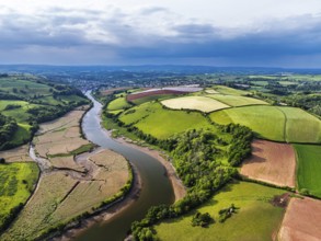 Farms and Fields over River Dart from a drone, Stoke Gabriel, Totnes, Devon, England, United