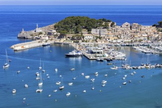 Port de Soller on Majorca from above Holiday by the sea harbour with boats trip in Port de Sóller,