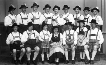 Traditional traditional costume groupTirolerhut, 1930s, A group of men and a woman in traditional