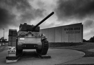 M4A1 Sherman tank, exhibit in front of Overlord Museum, black and white, Colleville-sur-Mer, D-Day,