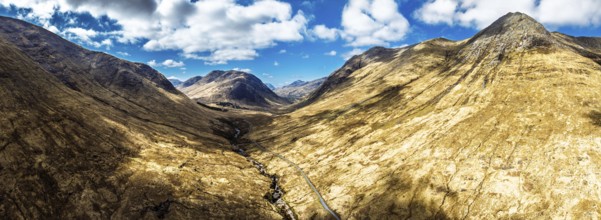 Panorama of Mountains and Moors over Glen Etive Valley from a drone, Buachaille Etive Mòr, The