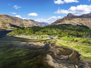 Loch Leven and Holiday Park from a drone, Glencoe, Highland, Scotland, United Kingdom