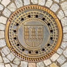 Manhole cover with the coat of arms of the motorbike town of Zschopau, Erzgebirge, Saxony, Germany