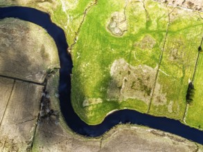 Top Down over Farms and River Dochart and Road A85 from a drone, Perthshire, Scotland, UK