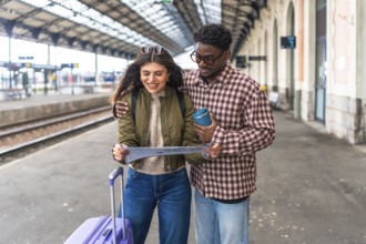 Young tourists consulting a map on a train station platform, planning their next destination during