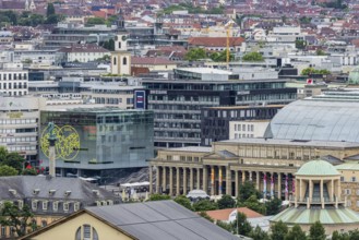 View of the state capital with Schlossplatz and art museum. Stuttgart, Baden-Württemberg, Germany