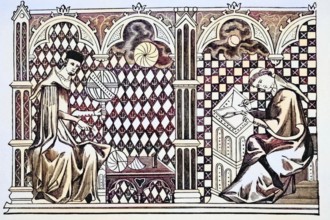 Mathematician monks, one teaching the globe, the other copying a manuscript after a miniature from