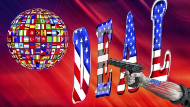 Symbolic image, Trump in deal madness, governing with decrees, no more United States, democracy