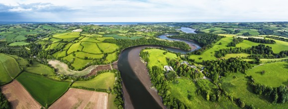 Panorama of Farms and Fields over River Dart from a drone, Stoke Gabriel, Totnes, Devon, England,