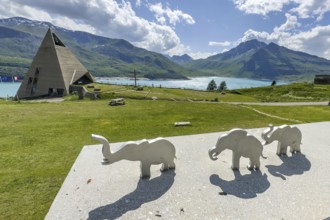 View from viewing platform to Mont-Cenis Pyramid Museum with stylised pyramid Museum in memory of