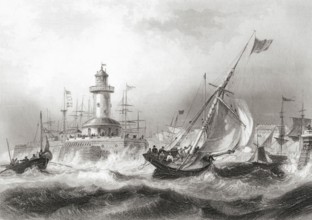 Lighthouse and Moote off Ramsgate, Kent, England in the 19th century. From the Cyclopaedia of