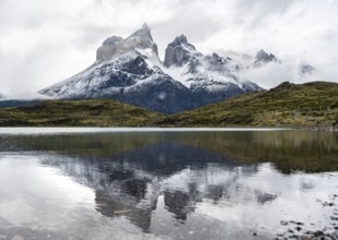 Cuernos del Paine mountain range, reflection in Lago Nordenskjöld, Torres del Paine National Park,