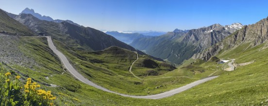 Panoramic view of southern ramp southern ascent mountain road alpine road to pass in Alps High Alps