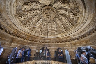 Sculptures on the ceiling in the Jain temple Chandraprabhu in the fortress in Jaisalmer, Rajasthan,