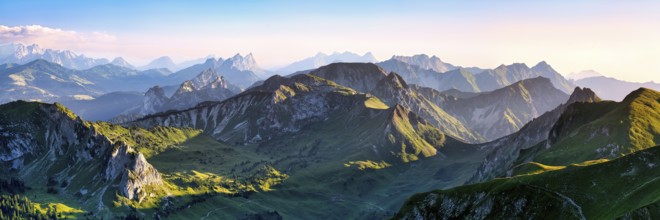 Panorama from Mount Gantrisch, sunset over the Bernese and Fribourg Pre-Alps, Canton of Bern,