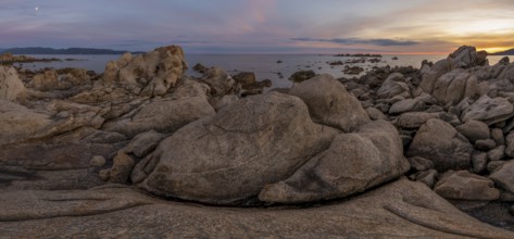 Sunset, rocky coast near Porto Pollo, Corsica, France