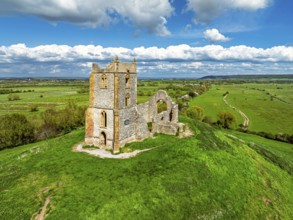 Burrow Mump from a drone, Southlake Moor, Burrowbridge, Taunton, Somerset, England, United Kingdom