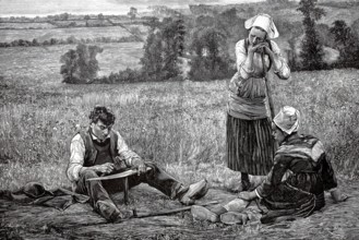Agriculture, Farmer cutting grass in the field, the man is dening, sharpening, a scythe, 1880,