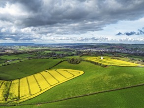 Rapeseed fields and Farms over Devon Windmill from a drone, Torquay, Devon, England, United Kingdom