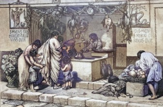 Ancient Roman shop, Rome, Italy, coloured wood engraving, reproduction of a model from ca 1888,