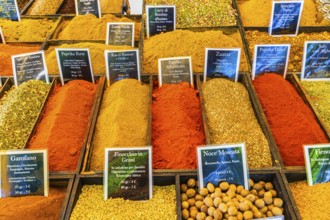 Spices on a stall at the Whitsun market in Portoferraio, Elba Island, Tuscan Archipelago National
