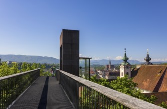 Panoramic lift up the Taborberg with a view of St Michael's Church and the old town, Steyr,