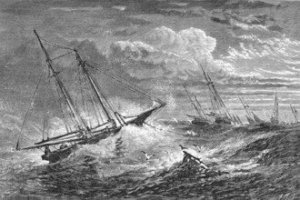 Weathering a storm, on the shores of Newfoundland, c. 1870, Canada, digital reproduction of a