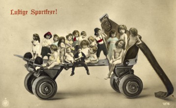 Children on a roller skate, 1920s, Children on an oversized toy wagon, imaginative and funny, old