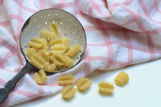 Italian pasta in a sieve, Radiatori variety