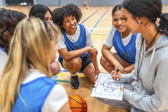 Female basketball coach drawing a play on a clipboard while explaining game strategy to her team