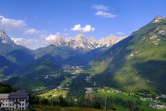 La Valle Agordina near Agordo, behind Framont, and Cima de la Gardesana, Belluno, Veneto, Italy