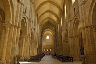 Nave, choir with altar, interior, Gothic basilica of the Cistercian abbey of Fossanova Monastery,