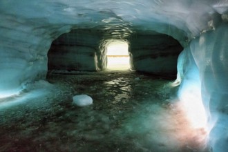 Ice tunnel, illuminated glacier cave, melting ice, illustration, Langjökull glacier, Husafell,