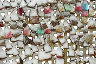 Lattice with snow-covered love locks, North Sea, Norddeich, Lower Saxony, Germany